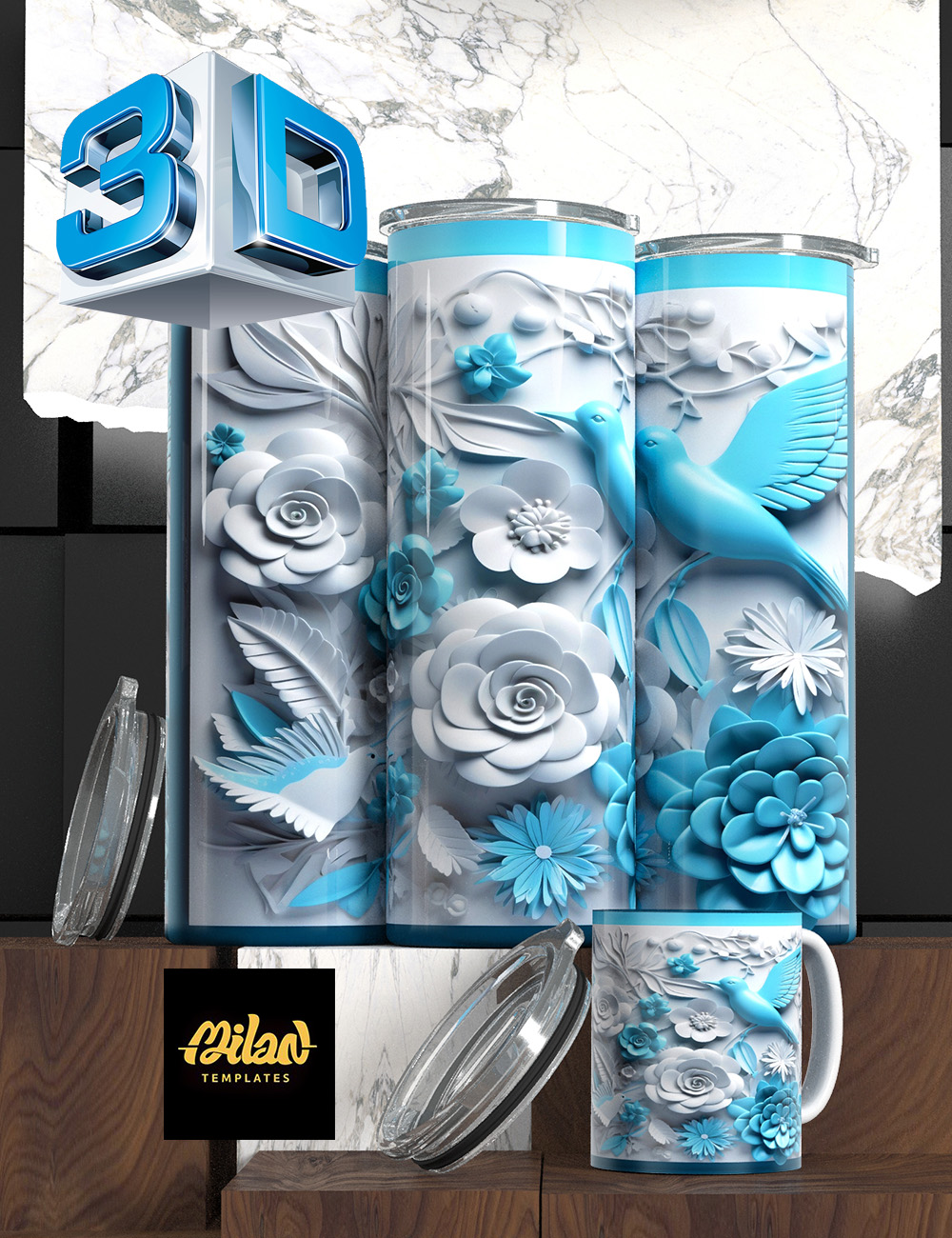 Flowers and bird – Milan Templates – blue white – mkp