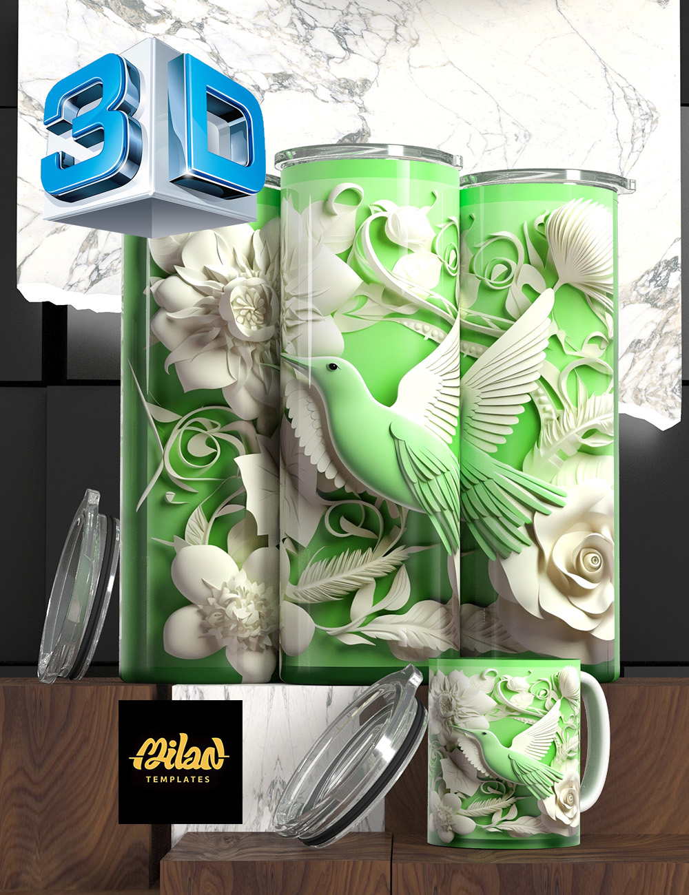 Flowers and bird – Milan Templates – green white – mkp