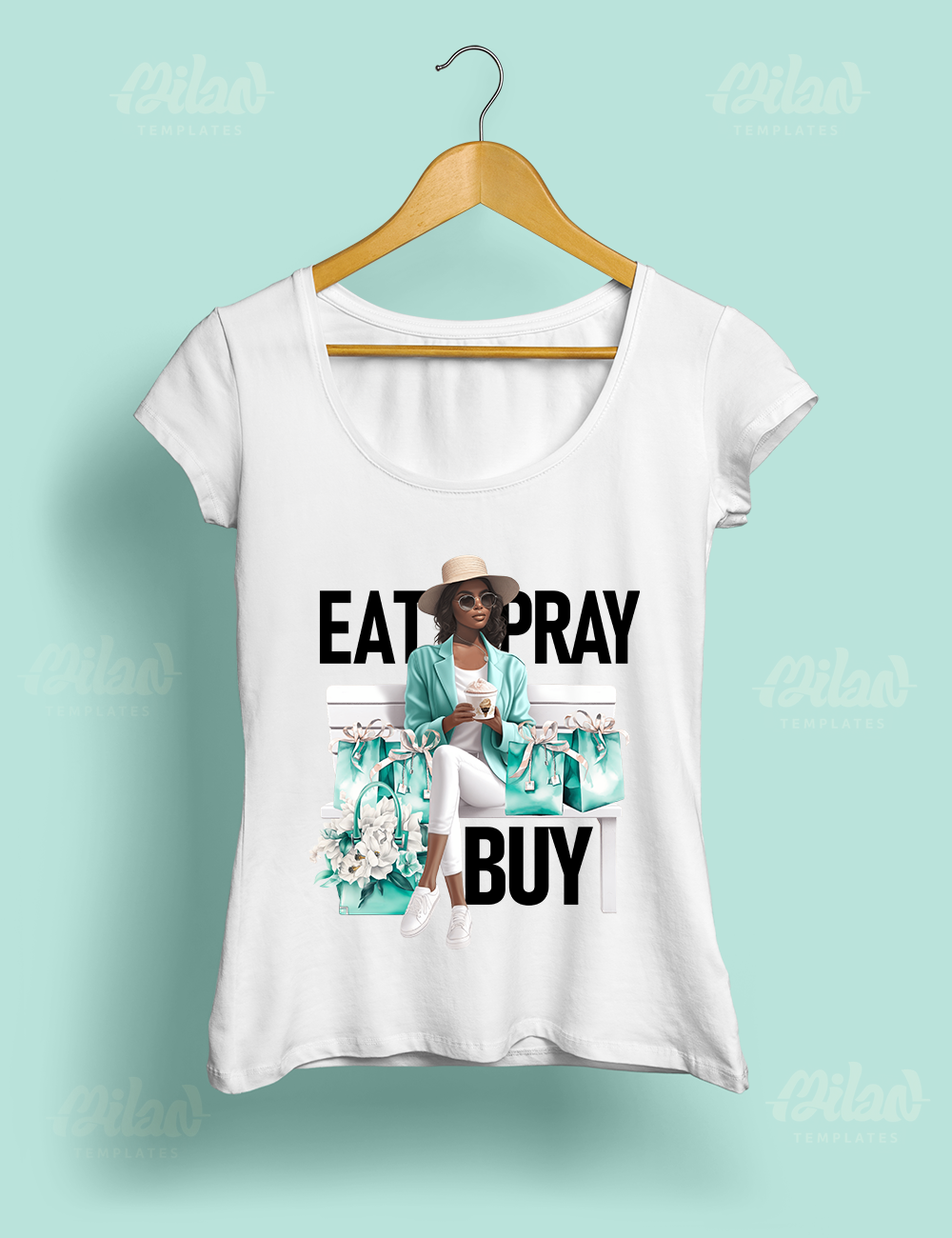 EAT PRAY BUY – Black Woman – Milan Templates – white background – mkp